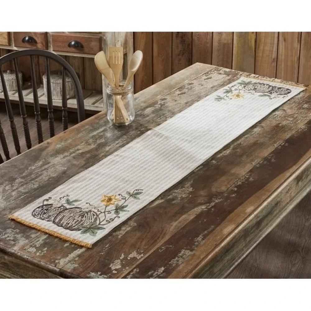 VHC Brands Primitive Autumn Pumpkin Patch‎ Stripes Table Runner 12x60 NEW